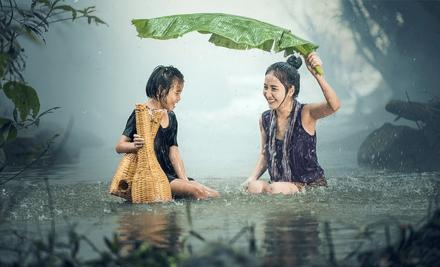 woman, kid, rain